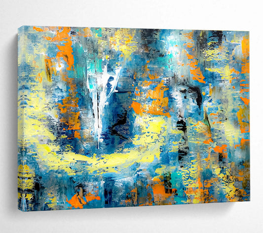 “Azure & Amber Abstract Odyssey” - Blue, Yellow & Orange Abstract Expressionist Painting On Canvas DKH924