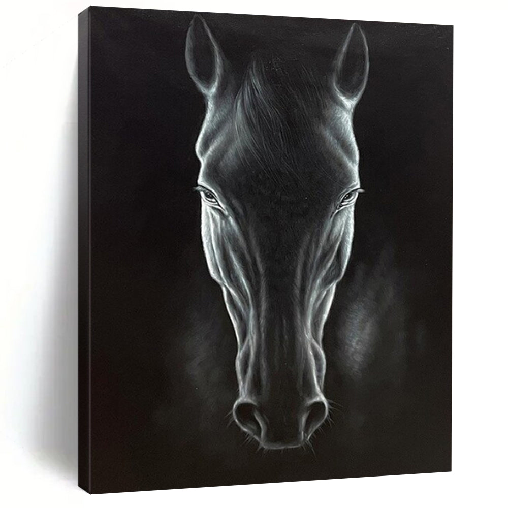 “Realistic Black Horse Portrait” – Hyperrealistic Oil Painting On Canvas CT2177