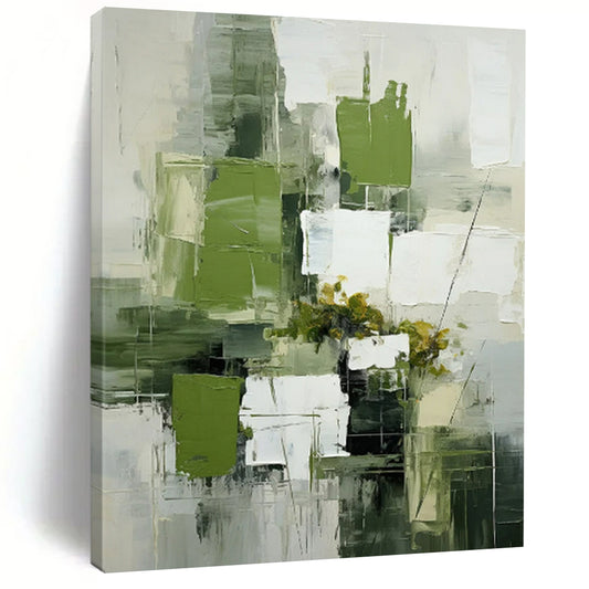 Green & White Geometric Floral - Abstract Still - Life Painting On Canvas CT2264