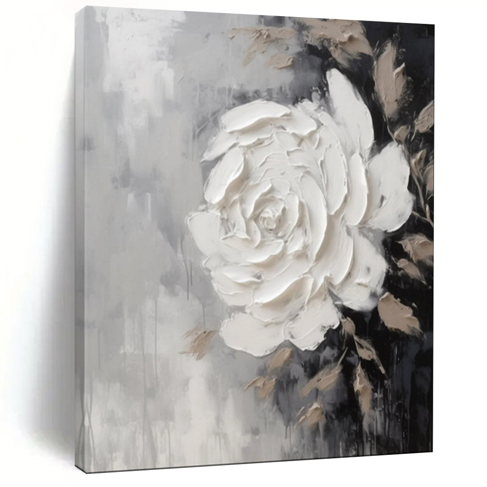 “Textured White Rose on Gray” – Floral Impasto Painting On Canvas CT2104