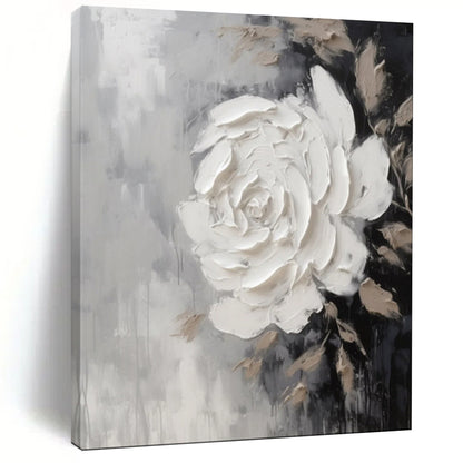 “Textured White Rose on Gray” – Floral Impasto Painting On Canvas CT2104
