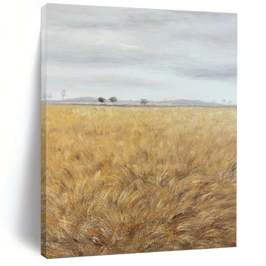 Golden Field Under Gray Sky - Landscape Painting On Canvas DKH1434