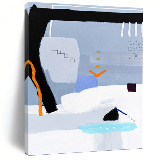 “Gray - Toned Abstract with Black, Orange, and Blue Accents” - Whimsical Abstract Painting On Canvas DKH1097