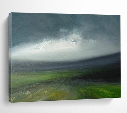 “Green, Gray, Stormy Field ‘Tempestuous Land’” - Impressionist Landscape Painting On Canvas DLZ029