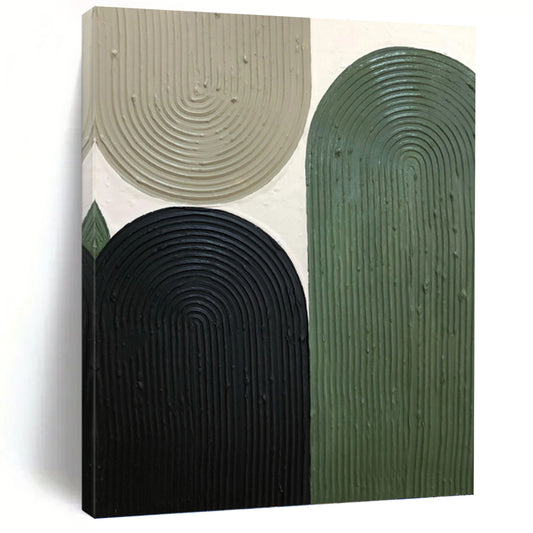 “Nature's Arches” - Beige, Black & Green Ribbed Shapes Painting On Canvas DKH1167