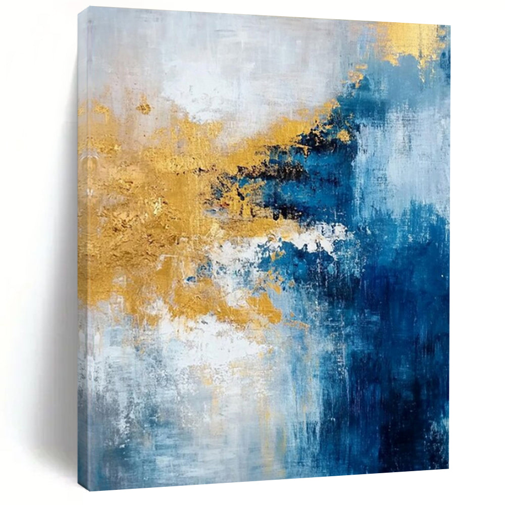 “Blue, Gold, White Colliding Waves” – Vibrant Abstract Art CT1009