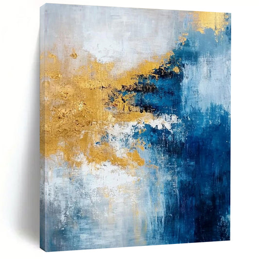 “Blue, Gold, White Colliding Waves” – Vibrant Abstract Art CT1009