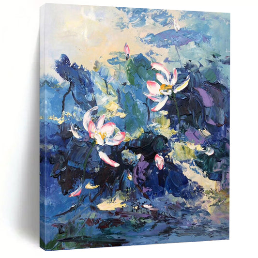 Impasto Lotus in Blue Hues - Impressionistic Floral Painting On Canvas DKH1298