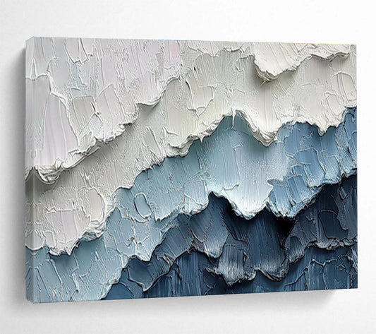 3D Textured Mountain Ranges - Blue and White Impasto Layers Painting On Canvas DKH049