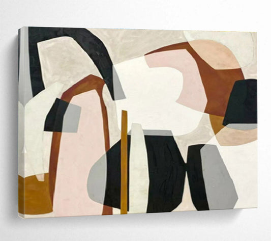 Soft - Toned Abstract Shapes with Beige, Pink, and Black, Minimalist Geometric Painting On Canvas DKH581