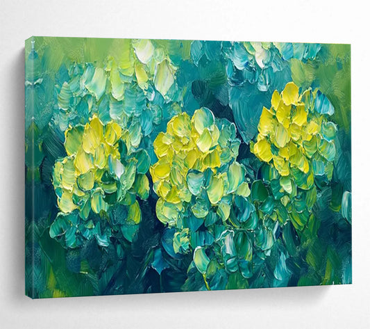 “Impasto Yellow Flowers on Green” - Fresh Botanical Painting On Canvas DKH799