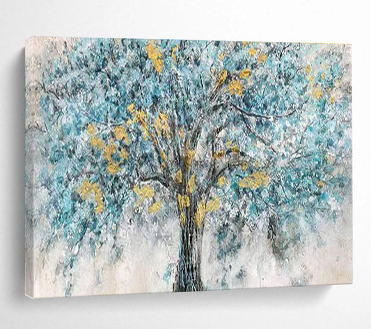 Blue Tree with Yellow Blossoms - Blue, Yellow & Gray Landscape Painting On Canvas DKH889