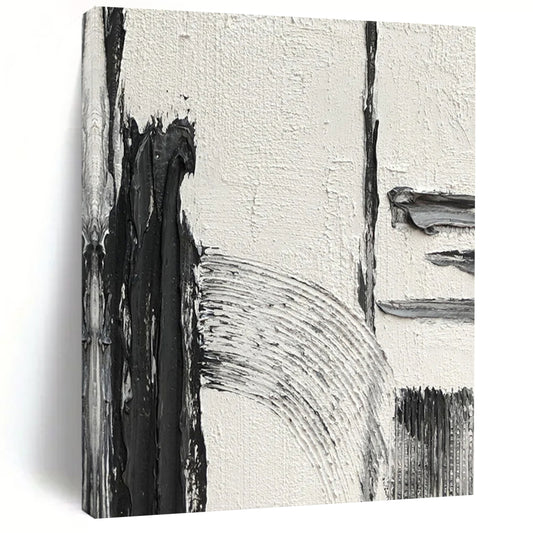 “White, Black Textured Shapes ‘Quiet Contrast’” - Impasto Abstract Painting On Canvas DTP386