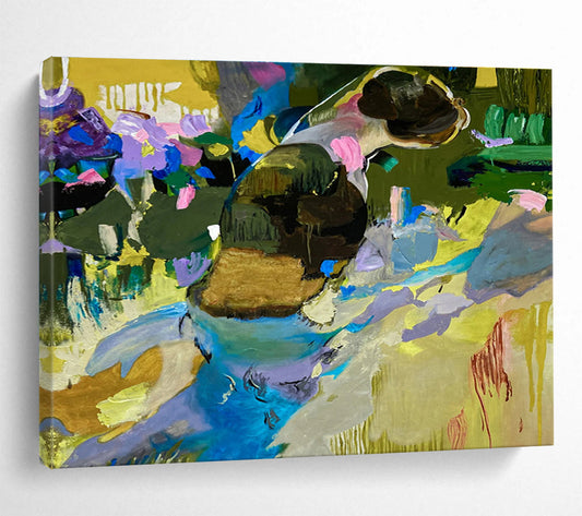 “Color - Drenched Feline in a Garden Dream” - Purple, Blue & Yellow Figurative Abstract Painting On Canvas DKH923