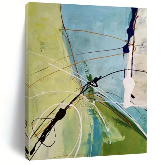 Green, Blue, White & Brown Linear Interplay - Abstract Painting On Canvas CT2307