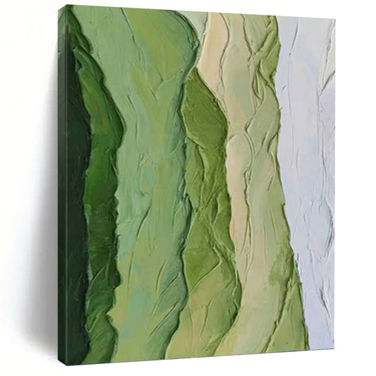 “Green Textured Ridges” - Green & White Impasto Abstract Painting On Canvas DKH1196