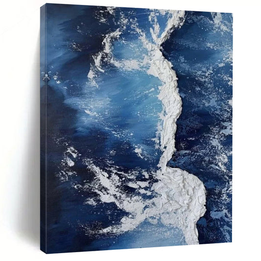 “Blue, White Textured Wave ‘Crashing Serenity’” - Impasto Sea Painting On Canvas DTP335