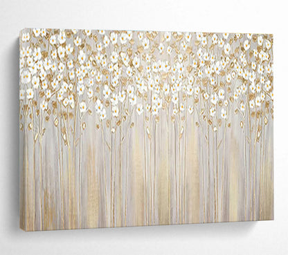 “White Flowers with Gold Stems” - Delicate Floral Painting On Canvas DKH787
