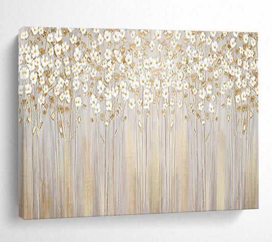 “White Flowers with Gold Stems” - Delicate Floral Painting On Canvas DKH787