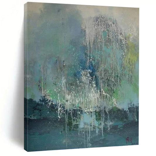 “Colorful Dripping Abstract” - Blue, Green, White & Gray Dripping Abstract Painting On Canvas DKH1199