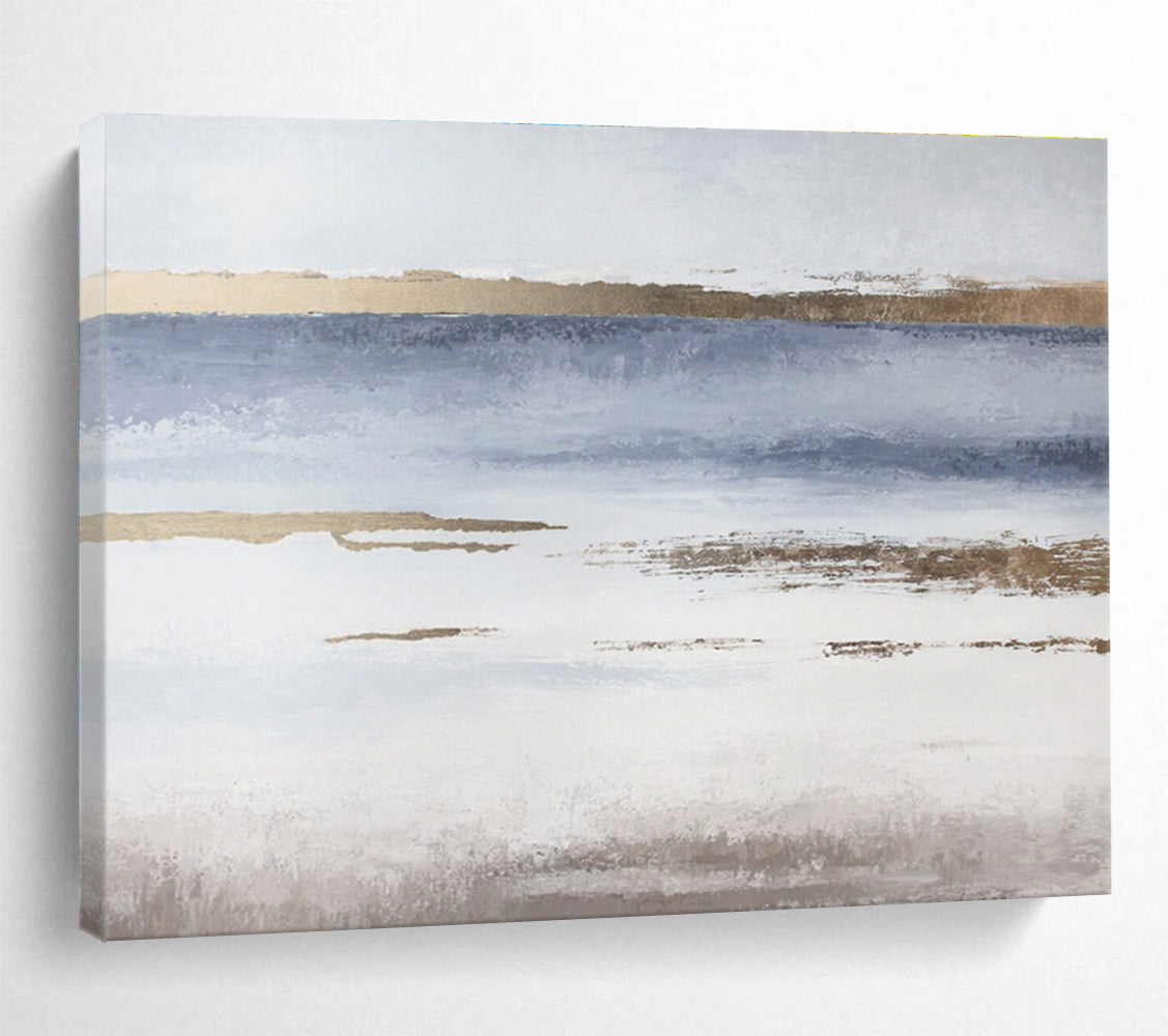 Blue, White, and Gold Abstract Landscape “Coastal Ethereal Horizons” Painting On Canvas DKH135