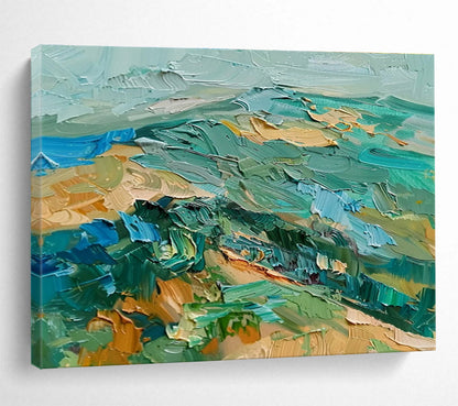 “Turquoise & Green Textured Landscape” Impasto Oil Painting On Canvas DKH341