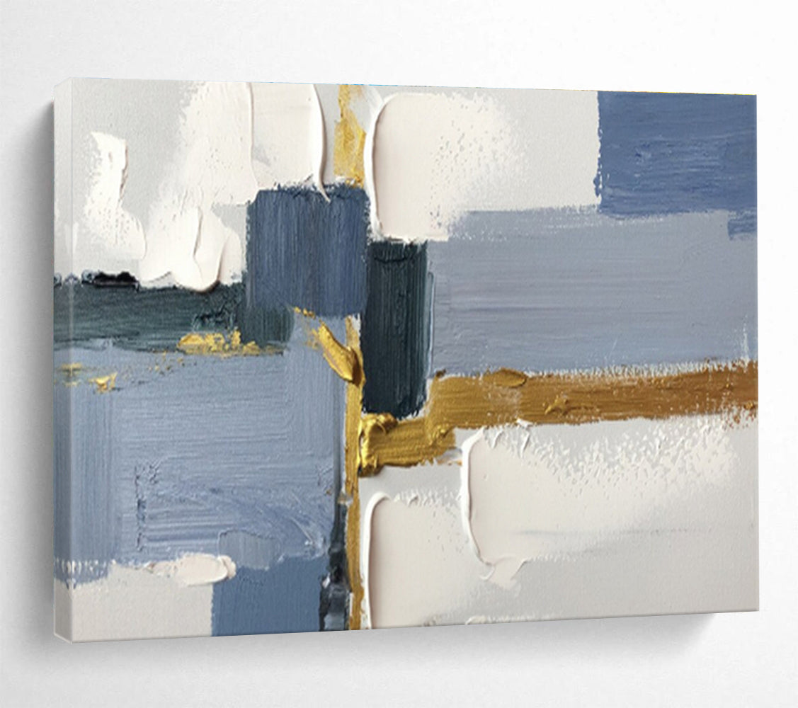Geometric Blue and Gold Abstract Painting On Canvas DKH311