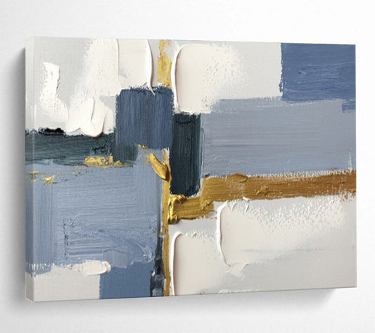 Geometric Blue and Gold Abstract Painting On Canvas DKH311