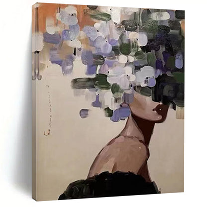 “Flower - Headed Figure” - Purple, Green, Beige Figurative Painting On Canvas DTP309