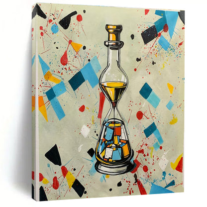 Colorful Geometric Splash with Bottle - Hourglass, “Time in a Kaleidoscope” - Pop - Abstract Mixed - Media Painting CT0718