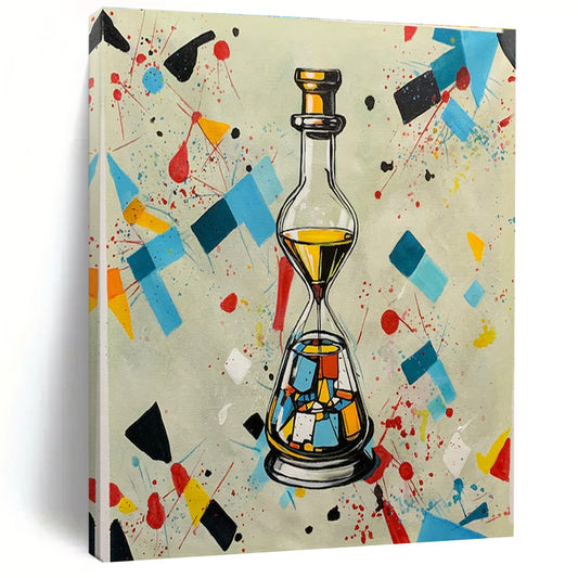 Colorful Geometric Splash with Bottle - Hourglass, “Time in a Kaleidoscope” - Pop - Abstract Mixed - Media Painting CT0718