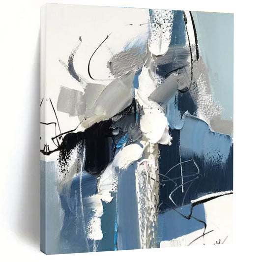Blue, Gray & White Dynamic Shapes, “Urban Pulse” - Impasto Abstract Painting CT0771