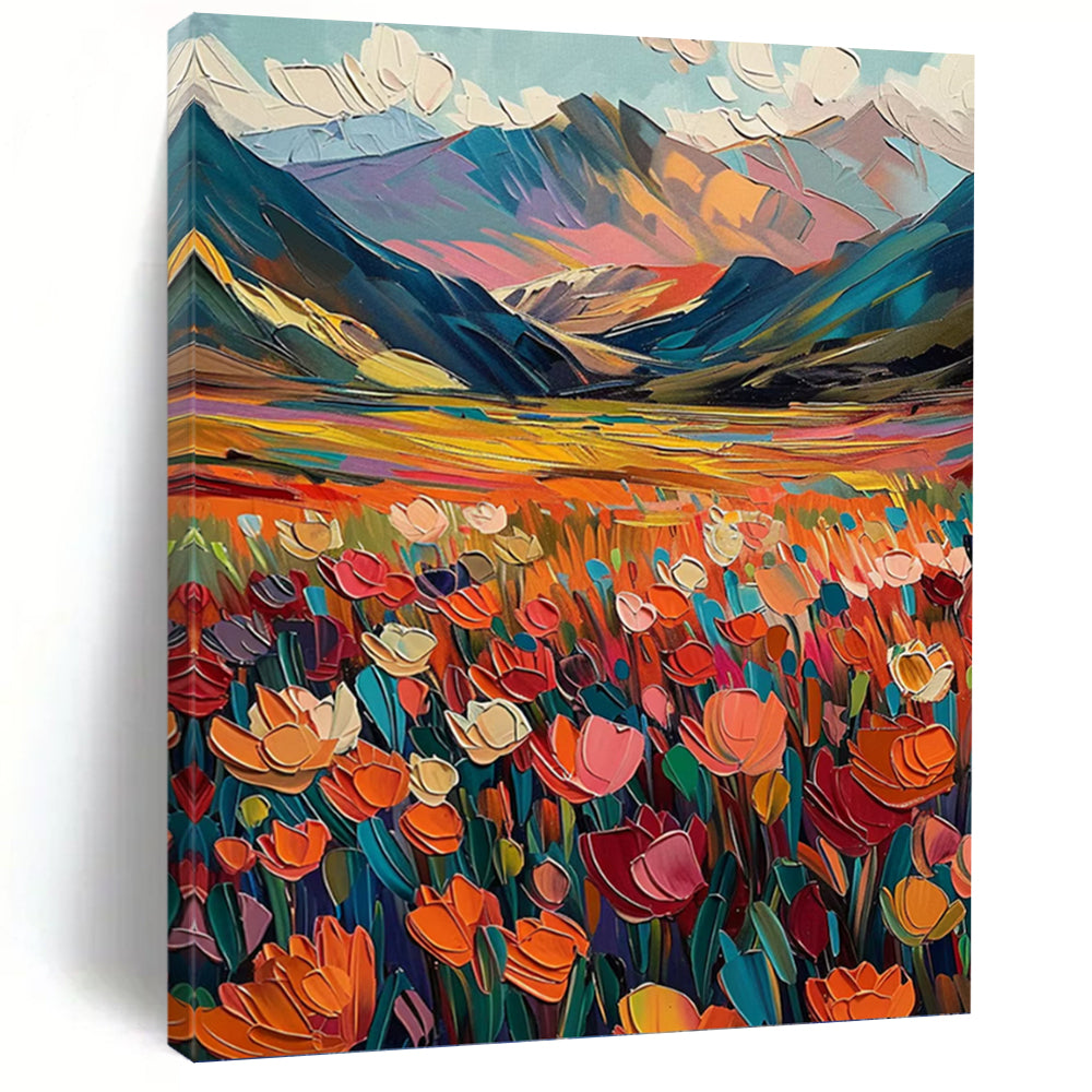 “Color - Burst Mountain Meadow with Vivid Florals” - Abstract Expressionist Landscape Painting On Canvas DKH1597