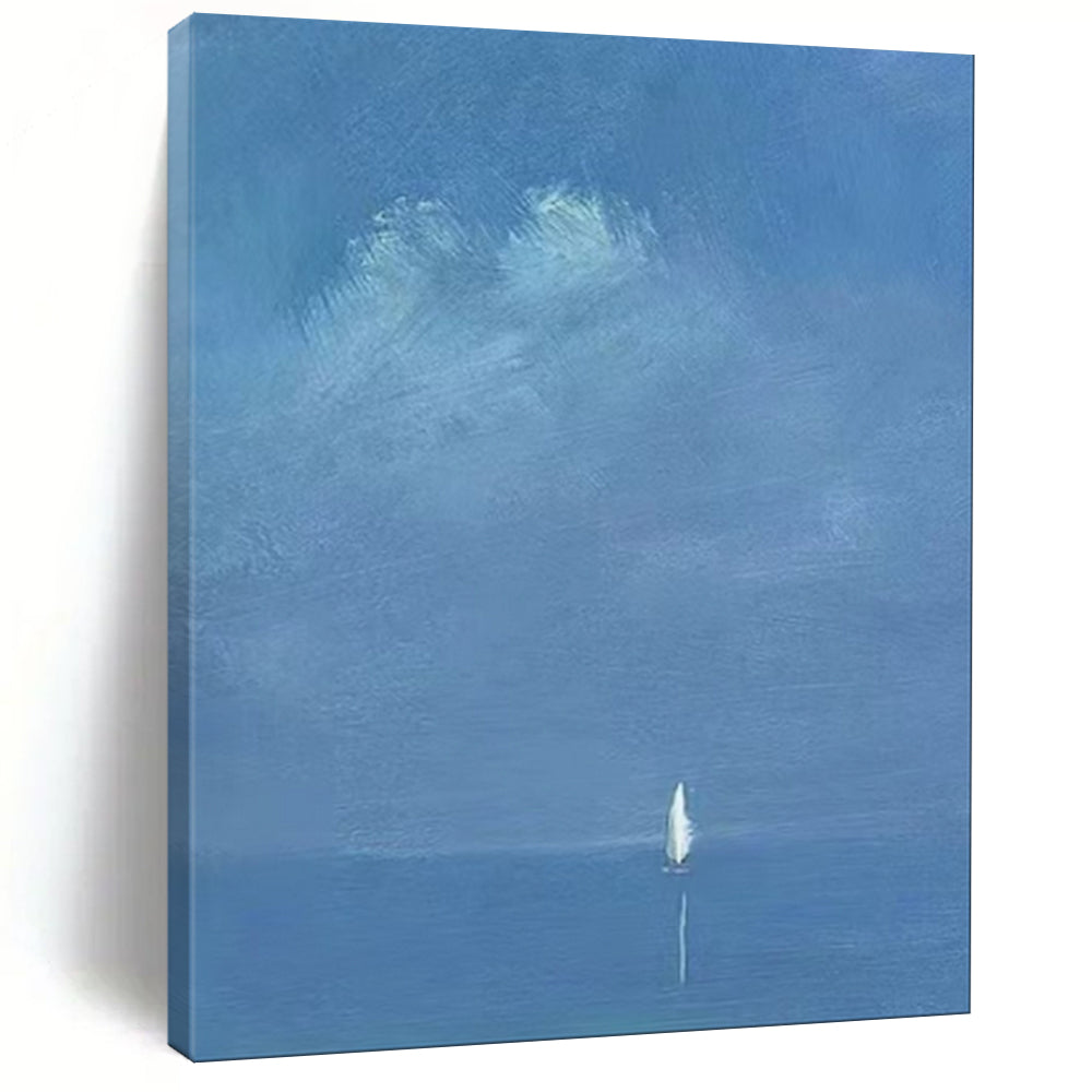 “Distant Voyage: Tiny Sail on Vast Blue” - Abstract Nautical Oil on Canvas CT1879