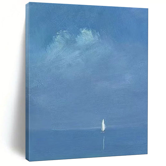 “Distant Voyage: Tiny Sail on Vast Blue” - Abstract Nautical Oil on Canvas CT1879