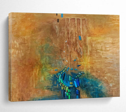 “Brown, Blue & Green Abstract Cascade” Abstract Surrealist Painting On Canvas DKH388