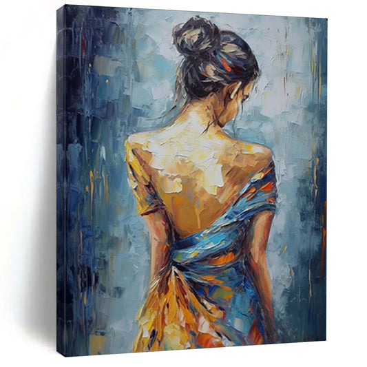 “Back View of Colorful - Dressed Woman” – Impressionistic Figure Oil Painting On Canvas CT2137