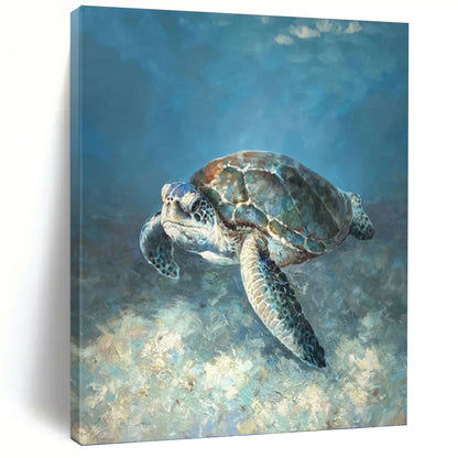 Realistic Sea Turtle in Blue Waters - Wildlife Painting On Canvas DKH1443