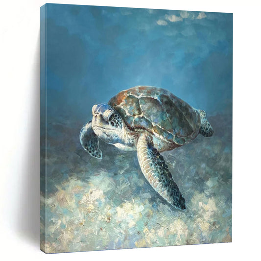 Realistic Sea Turtle in Blue Waters - Wildlife Painting On Canvas DKH1443