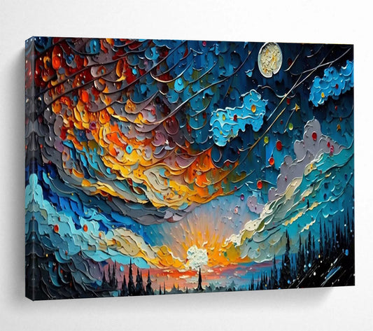 Starry Night Fantasy - Blue & Orange Textured Sky Painting On Canvas DKH878