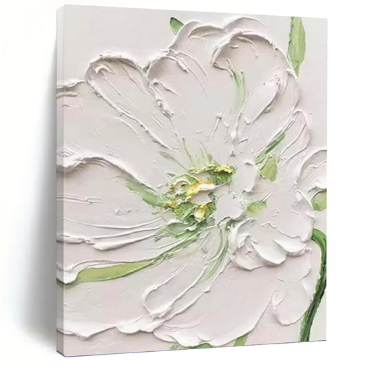 White Flower with Green Accents - Textured Floral Painting On Canvas DKH1398