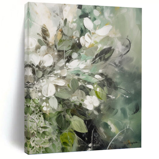 “Green - Toned Floral Abstraction” - Soft Flower Bouquet Painting On Canvas DKH1086