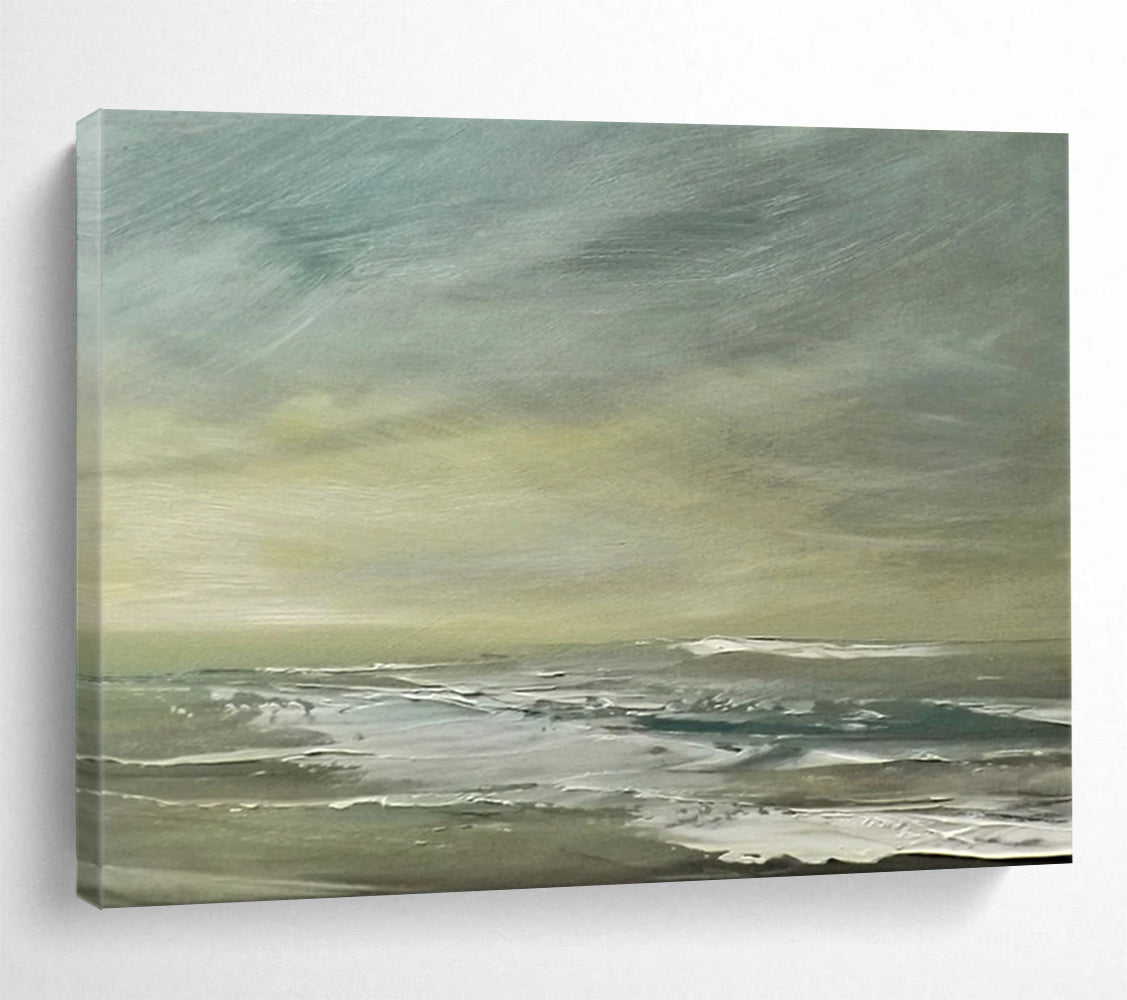 “Green, Gray, Coastal Breeze ‘Muted Shore’” - Impressionist Seascape Painting On Canvas DLZ027