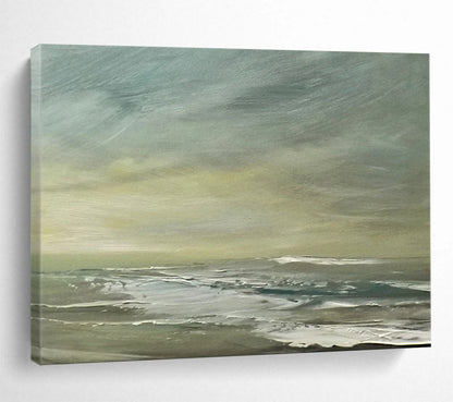 “Green, Gray, Coastal Breeze ‘Muted Shore’” - Impressionist Seascape Painting On Canvas DLZ027