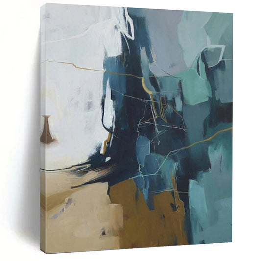 “Blue, Gray & Gold Abstract Geometry” - Blue, Gray, Gold & White Modernist Painting On Canvas DKH1016