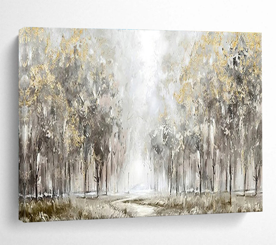 “Golden Forest Path” - Gray, Gold, Green Textured Landscape Painting On Canvas DKH737