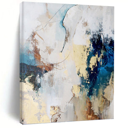 “Blue, Beige & Gold Abstract Blend” - Blue, Beige, Gold & White Eclectic Painting On Canvas DKH1018