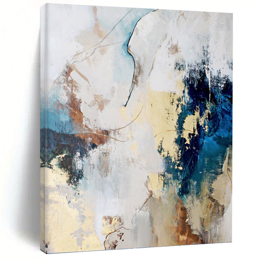 “Blue, Beige & Gold Abstract Blend” - Blue, Beige, Gold & White Eclectic Painting On Canvas DKH1018