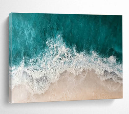 “Aerial Coastline” - Turquoise, White, Beige Seascape Textured Painting On Canvas DKH699