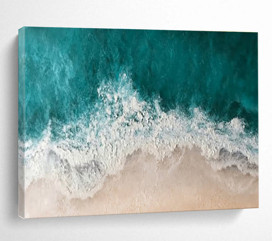 “Aerial Coastline” - Turquoise, White, Beige Seascape Textured Painting On Canvas DKH699